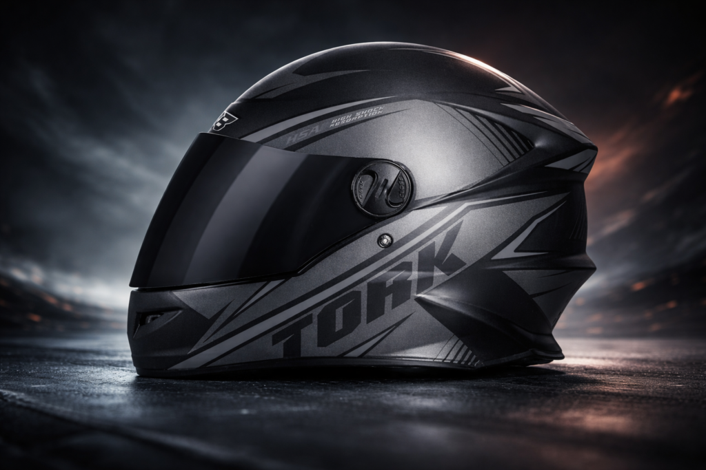 Capacete bom e barato: os melhores modelos para segurança e economia em 2025 Capacete bom e barato em acabamento preto e grafite, com viseira escura e design moderno, fotografado em ambiente escuro com iluminação dramática.