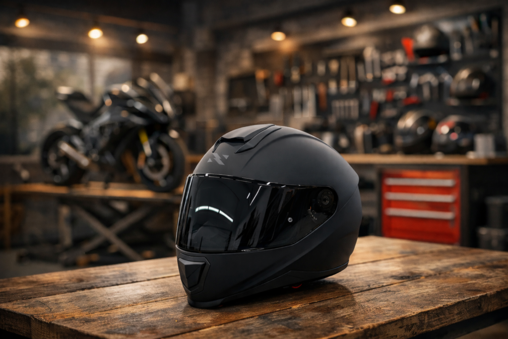 Capacete Norisk é bom? Review completo da marca e guia dos principais modelos Capacete Norisk é bom? capacete Norisk preto fosco em ambiente de oficina, usado como referência em review completo da marca Norisk.