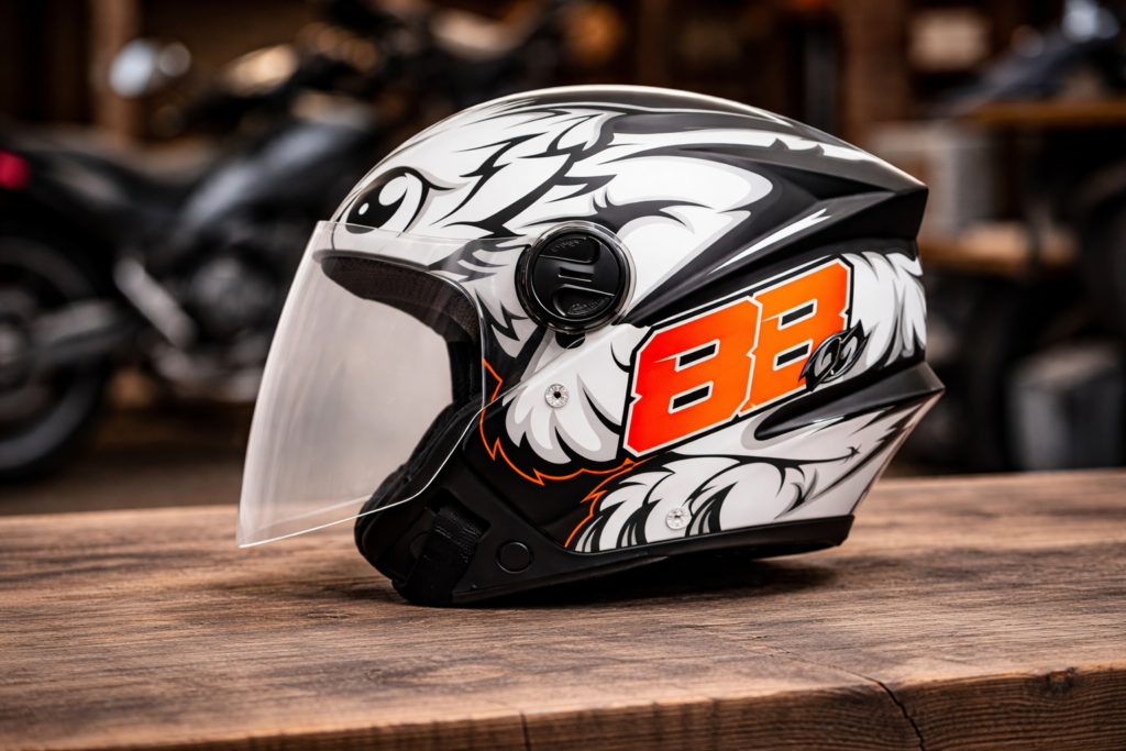 Capacete Pro Tork New Liberty Three vale a pena? Review completo do modelo Capacete Pro Tork New Liberty Three com gráfico esportivo e viseira transparente, modelo aberto para uso urbano.