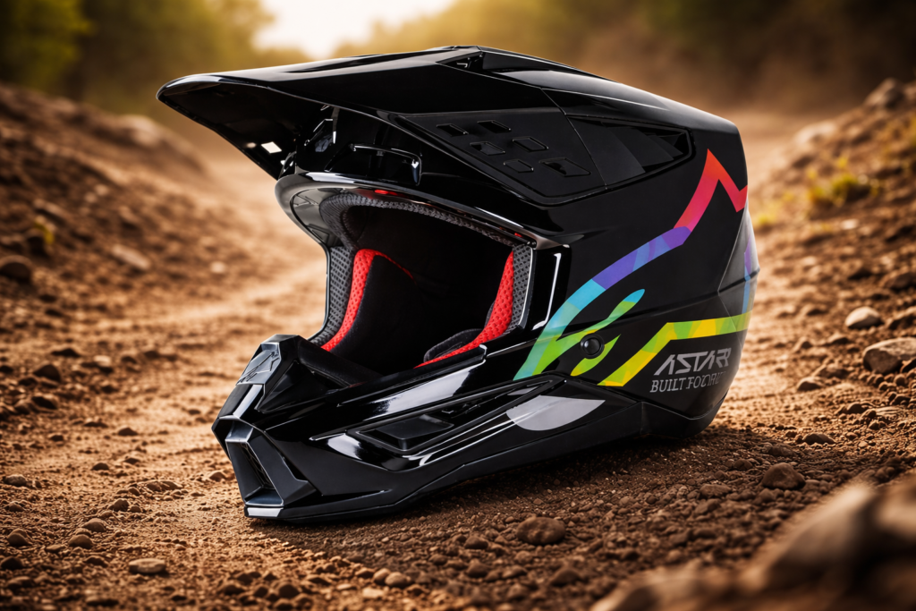 Capacete Alpinestars off-road preto com grafismos coloridos e pala frontal para motocross