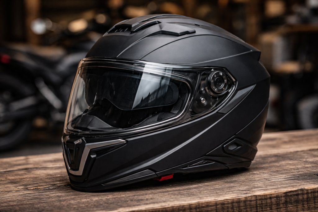Capacete de moto com óculos interno retrátil (viseira solar) integrado, modelo integral preto com viseira transparente e visor escuro interno.