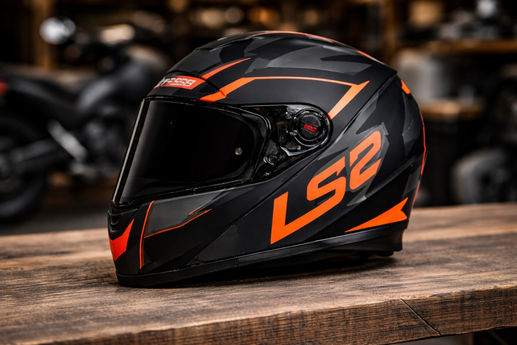 Capacete LS2 FF358 preto com detalhes laranja e viseira escura, modelo integral esportivo para motociclistas.