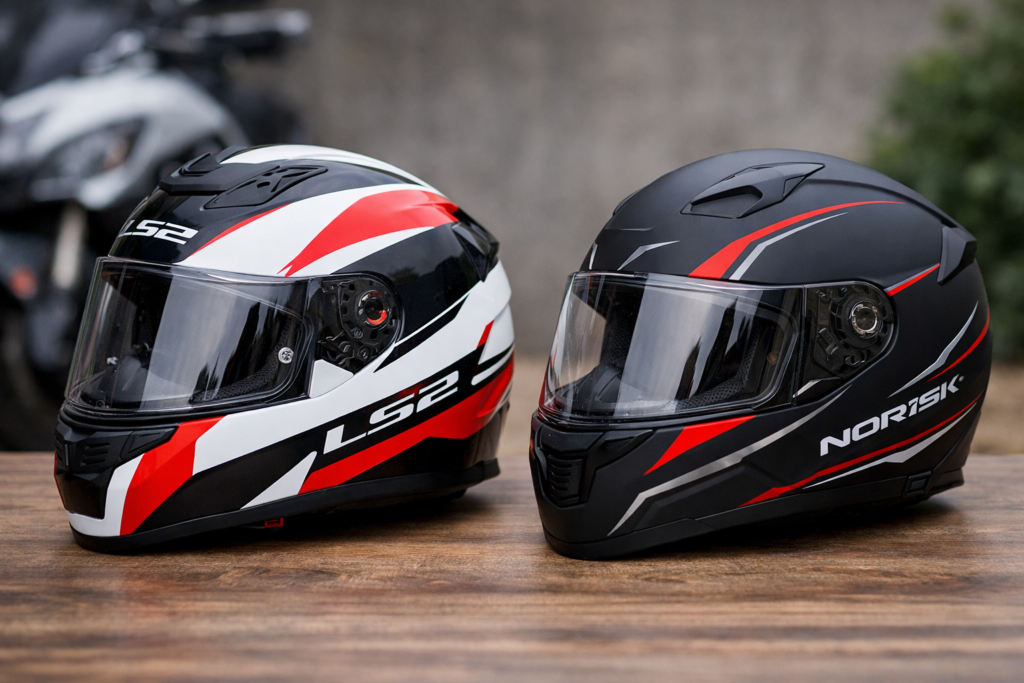 Comparação entre capacete LS2 e capacete Norisk lado a lado mostrando design e estilo dos dois modelos