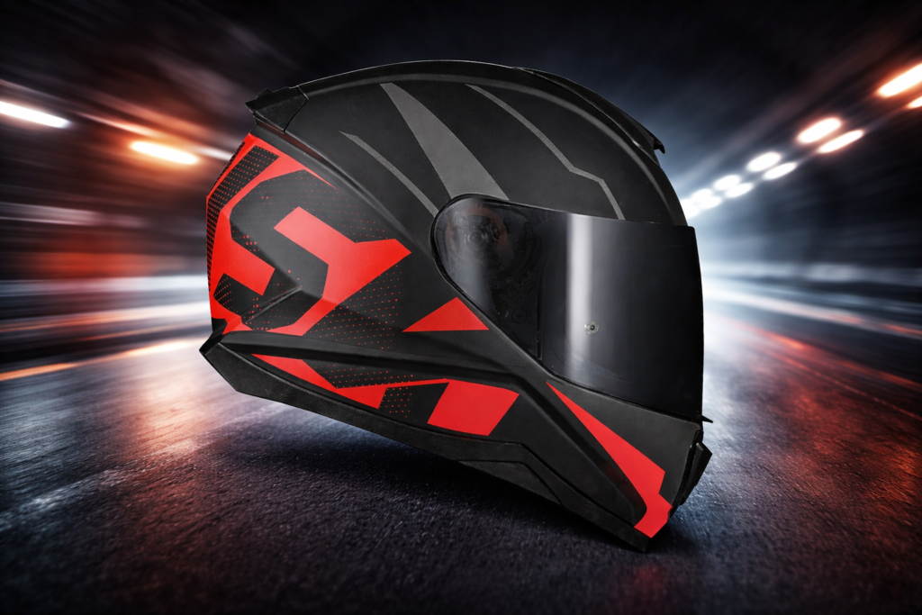 Capacete Norisk Razor preto com detalhes vermelhos e viseira fumê em design esportivo aerodinâmico