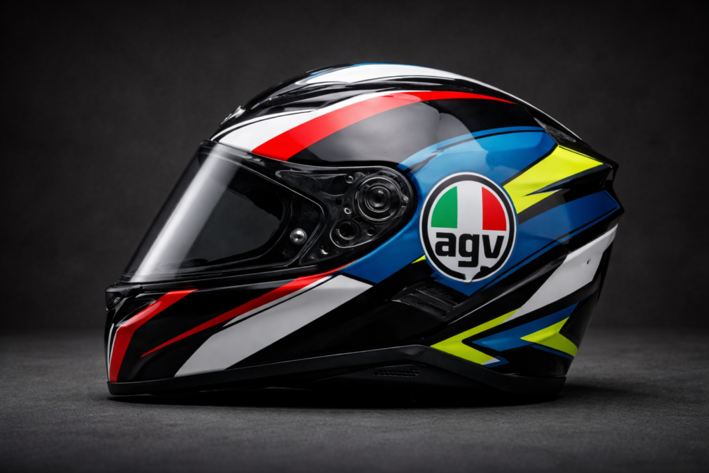 Capacete de moto esportivo de alta segurança com viseira fechada e design aerodinâmico, representando os capacetes de moto mais seguros para proteção do motociclista.