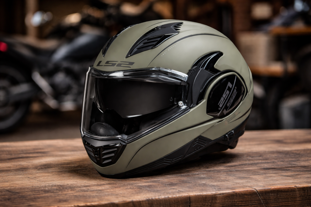 Capacete LS2 Valiant II é bom? Review completo do modular FF900 Capacete LS2 Valiant II modular verde oliva com viseira escura e design moderno para motociclistas.