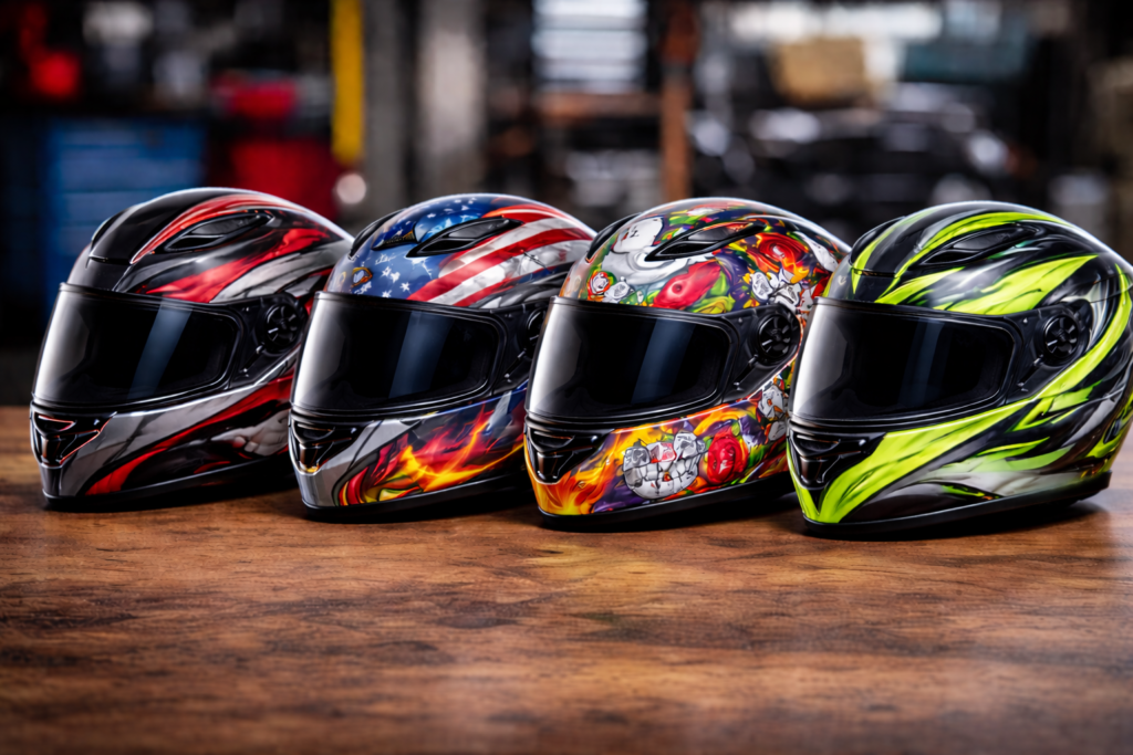 Os 10 Melhores Capacetes até 1000 Reais em 2026 (Guia Completo de Segurança e Custo-Benefício) melhores capacetes até 1000 reais com designs esportivos alinhados sobre mesa