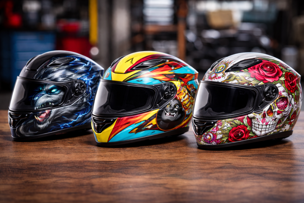 melhores capacetes até 500 reais com grafismos variados alinhados sobre mesa