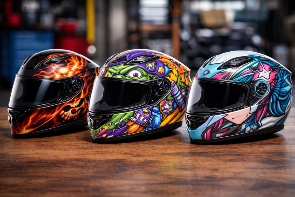 Os Melhores Capacetes de Moto até 400 Reais em 2026: Guia Completo para Escolher com Segurança melhores capacetes até 400 reais com diferentes cores e grafismos alinhados sobre mesa