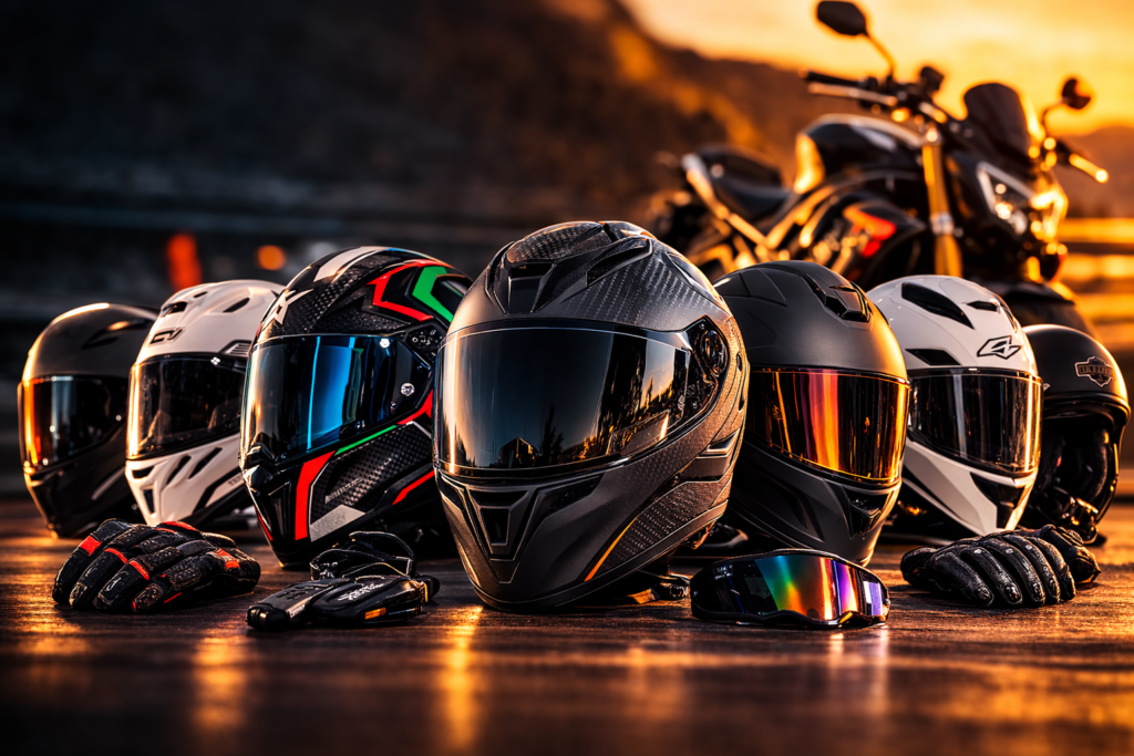 Melhores Marcas de Capacete Premium em 2026: Guia Completo para Máxima Segurança e Performance Capacetes premium para motociclistas alinhados lado a lado com moto esportiva ao fundo, destacando modelos de alta performance e segurança